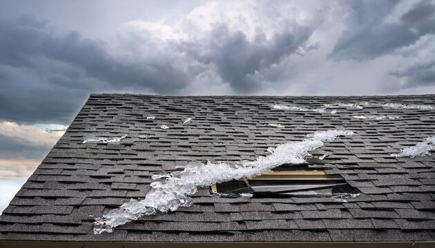close up of hail damage on a shingle roof causing severe leaks and rot with rainwater seeping through and dark clouds overhead creating a chaotic scene with an empty space for captions