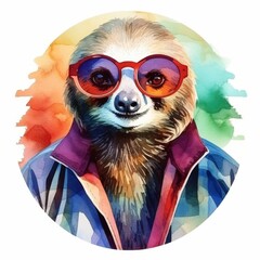 Fototapeta premium Colorful sloth wearing sunglasses and a vibrant jacket against a watercolor backdrop emphasizes a fun and whimsical artistic style