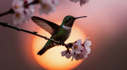 Obraz premium Small hummingbird with green feathers rests on cherry blossom branch. Delicate pink flowers bloom against warm sunset sky. Tiny bird waits on twig at dusk.