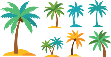Vector illustration of stylized palm trees in tropical beach setting with varied trunks and colorful leaf designs © Creative Stoker
