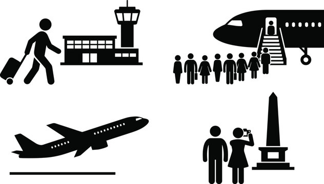 Travel and Tourism Concept set featuring a passenger at the terminal, people boarding a plane, aircraft takeoff, and tourists visiting landmarks.