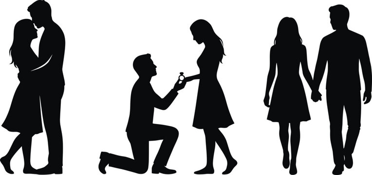 Romantic couple silhouettes set featuring man proposing with ring on knee, pair hugging passionately, and young lovers walking holding hands