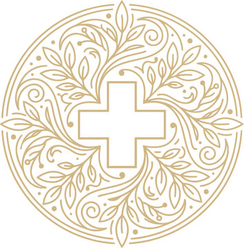 Luxury Medical and Pharmacy Gold Vector Emblems Featuring a Gold Cross Symbol with Leaves Design