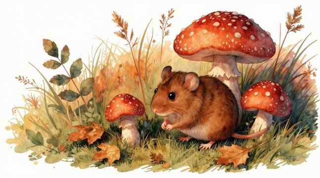 Small brown mouse sits among red spotted mushrooms and autumn leaves in tall grass. Watercolor illustration of cute wild rodent near fungi in nature. Seasonal woodland theme.