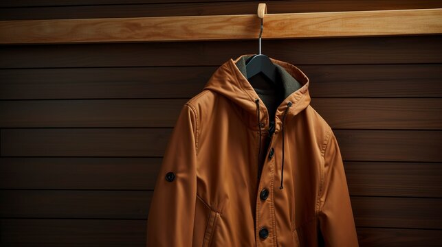 A photo of a stylish casual jacket on a wooden hook.