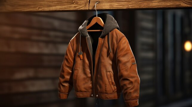 A photo of a stylish casual jacket on a wooden hook.