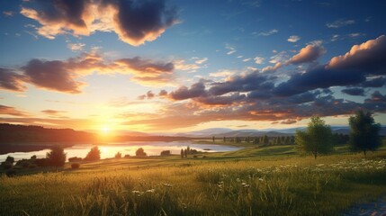 Fototapeta premium A photo of a sunset over a rural landscape