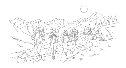 Obraz premium Group of hikers with backpacks walking on a trail through a mountainous landscape with tents and trees