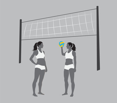 Beach volleyball women silhouettes, match summer sports recreation