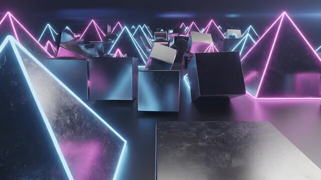 Abstract Neon Geometric Shapes Floating in Futuristic Tunnel.