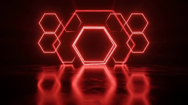 Abstract Red Neon Hexagon Tunnel with Reflective Floor.