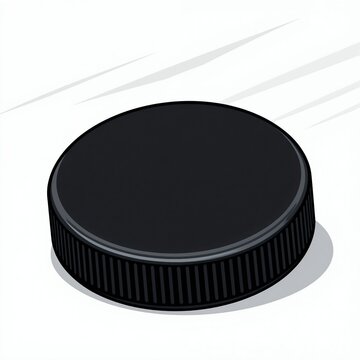 Black hockey puck moves fast on ice. Dynamic graphic illustration shows puck in motion, speed and game action. Sport object for winter game.