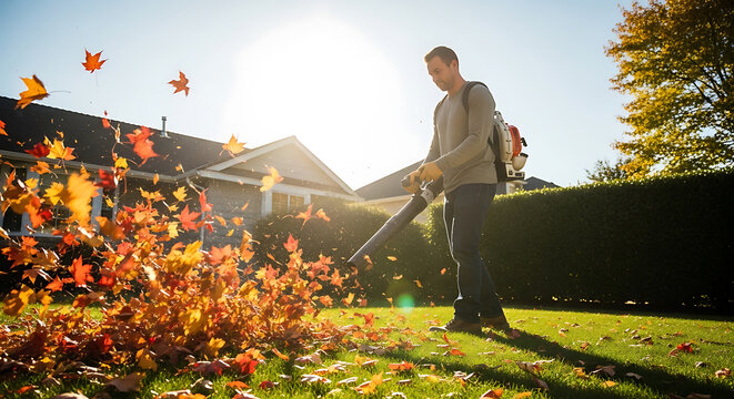 Man using a leaf blower on a lawn with autumn leaves and a house in background