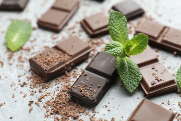 Pieces of yummy chocolate and mint leaves on grey table, closeup © New Africa
