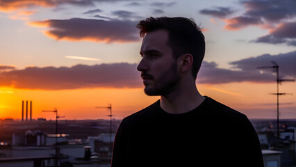 Fototapeta premium Man standing on a watching the horizon at sunset.Concept of reflection, solitude, urban calm. silence mood up
