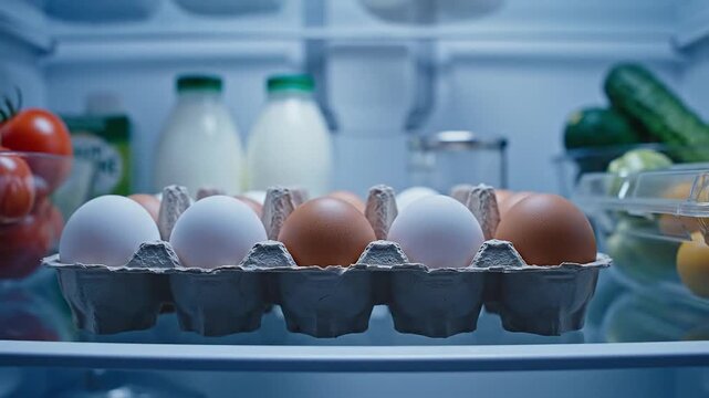 Carton of fresh mixed-color eggs and fresh food inside a refrigerator. Close-up view of brown and white eggs stored on a shelf. Healthy food and grocery shopping concept