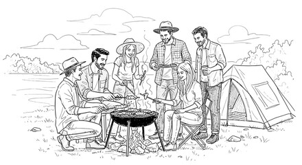 Obraz premium Group of friends enjoying a barbecue and camping trip outdoors in a scenic natural setting