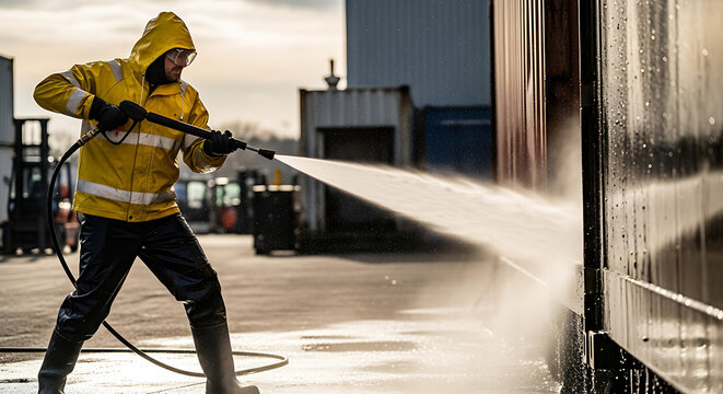 Man in yellow safety gear pressure washing a large metal container outdoors in industrial setting
