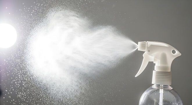 Spray bottle nozzle spraying white mist on gray background with sunlight