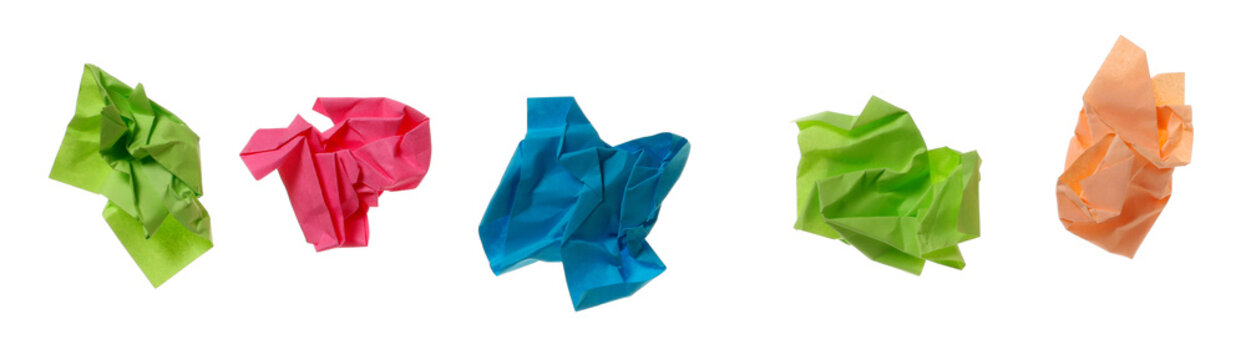 Set colorful crumpled paper ball flying isolated on white background, clipping path, design element