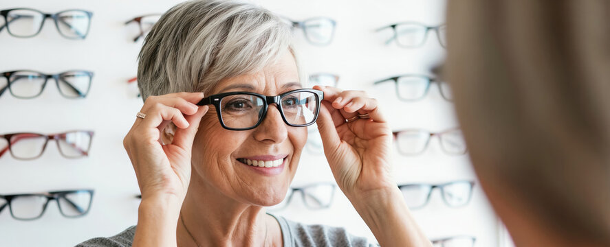 Elderly woman smiles trying on new black eyeglass frames. She selects new spectacles in optical store with wall display. Vision care choice.