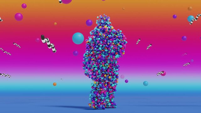 Seamless VJ loop featuring a walking humanoid figure constructed from glowing violet spheres, set against a dark abstract background with bokeh light trails