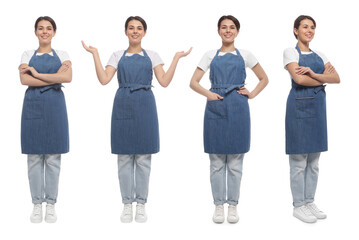Fototapeta premium Woman wearing blue denim apron on white background. Collection of portraits