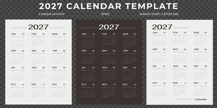 Modern 2027 yearly calendar template set, Sunday start, 3 unique elegant brown layouts