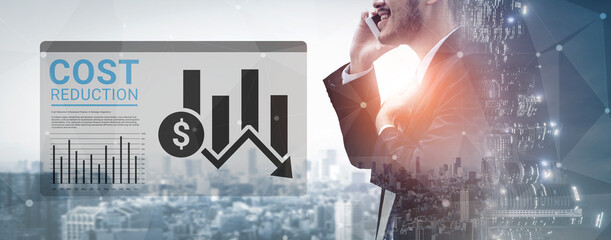 A businessman stands in an urban setting, engaging in a phone call about cost reduction strategies while analyzing charts and graphs showing financial trends and expenses. Ledger © InfiniteFlow