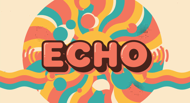 Retro psychedelic echo logo, colorful abstract background, vintage style graphics, swirly patterns