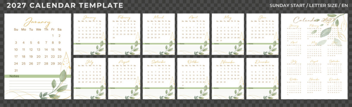 2027 monthly calendar template, Sunday start, set of 12 botanical planner pages with watercolor leaves and notes