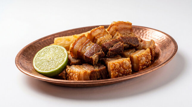 Crispy pork belly chunks served with fried cassava and a lime wedge on a hammered copper plate, isolated on white background