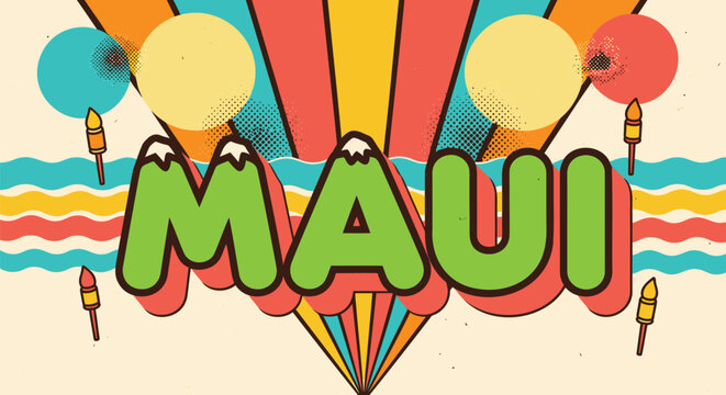 Maui, travel, vector, illustration, tropical, destination, Hawaii, colorful, retro