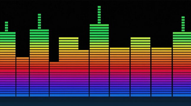 Colorful digital equalizer displays audio sound levels with glowing bars. Abstract graphic represents music frequency spectrum. Sound technology concept for DJ, club, or recording studio.