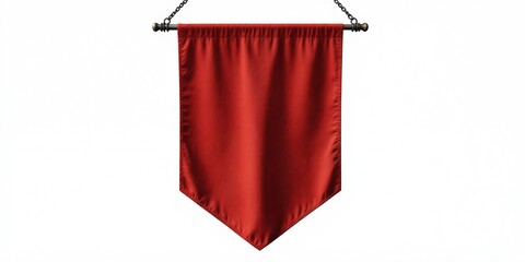 Fototapeta na wymiar Plain red pennant flag hangs from metal pole and chain. Blank fabric banner awaits custom design or logo. Medieval heraldry template for games or identity.