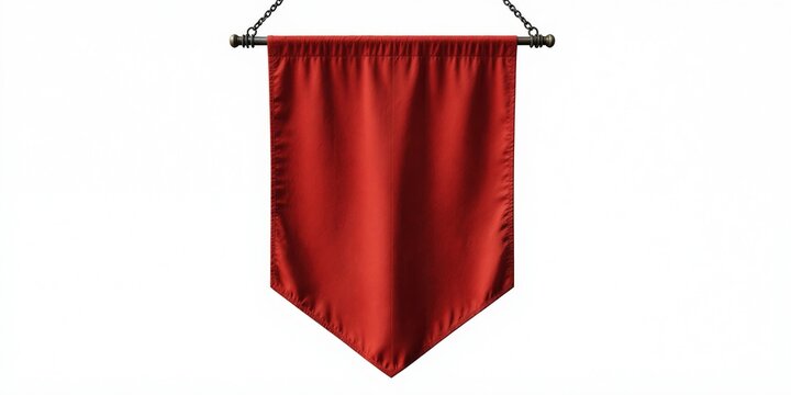 Plain red pennant flag hangs from metal pole and chain. Blank fabric banner awaits custom design or logo. Medieval heraldry template for games or identity.