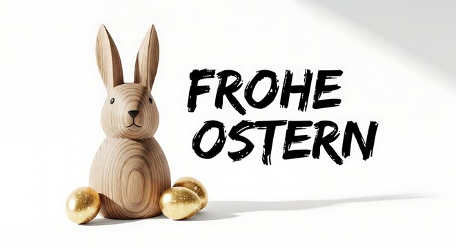 Festive easter greeting wooden rabbit and painted eggs with 'frohe ostern' text