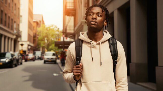 Young black man with braids walks on a sunny city street wearing a hoodie and backpack. He looks thoughtful. Urban background with blurred traffic shows modern urban lifestyle.