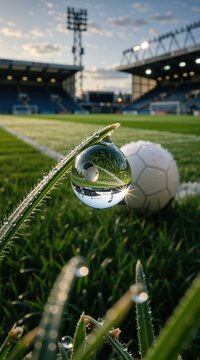 Macro close up of a water drop on a blade of grass reflecting a soccer ball and stadium. Vertical view of morning dew on a football pitch with a sunburst effect. Sports and nature concept