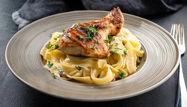 vertical format grilled chicken served over creamy fettuccine pasta garnished with herbs