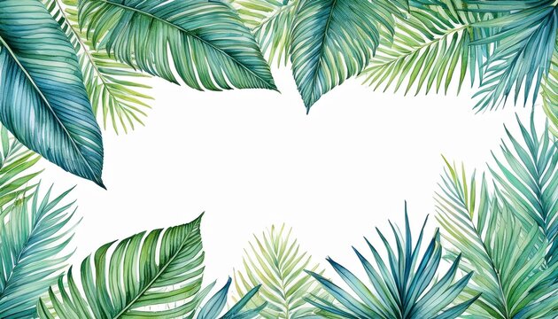 watercolor palm tree leaves frame border on a white background