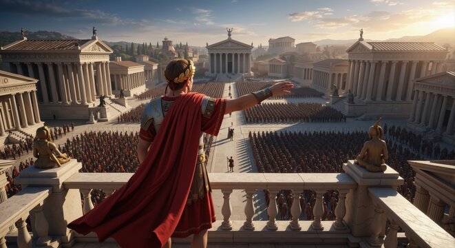 Roman Emperor overlooking an army at sunset. Ancient leader addressing legions in a city square during golden hour. Historical empire concept