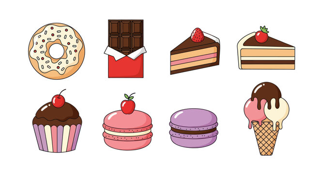 Assorted dessert icons on white background