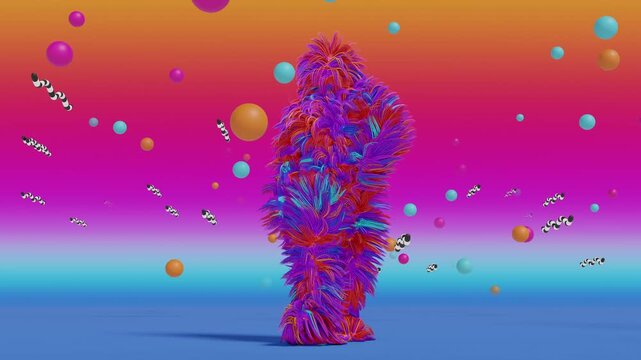 Dynamic seamless VJ loop featuring a shaggy, fibrous humanoid walking against a vibrant, luminous gradient background. For VJ sets, high-tech club visuals, music fest