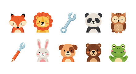 Obraz premium Cartoon animal faces and tools illustration