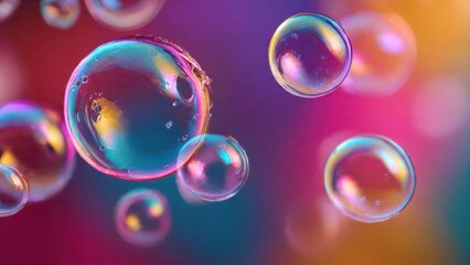 Naklejka premium Iridescent Soap Bubbles Floating in Colorful Light