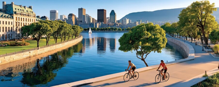 Cyclists riding along Montreal waterfront promenade with skyline, river reflections and Mount Royal