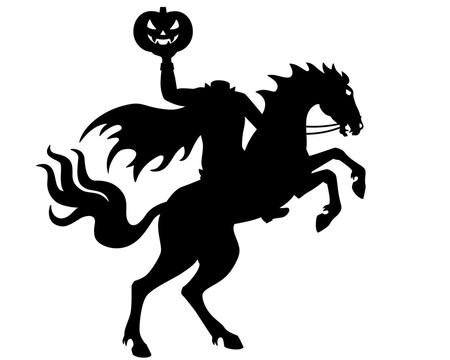 A headless horseman with a Halloween pumpkin in his hand, an evil monster horse rearing up - vector silhouette for a stencil. A headless horseman on a rearing stallion silhouette.