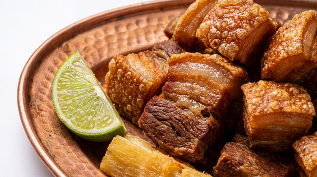 Crispy pork belly chunks served with fried cassava and lime wedge on a rustic copper plate, traditional brazilian petisco or appetizer