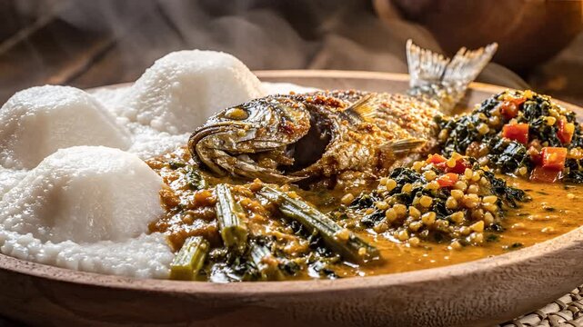 Delicious Steaming Hot Fish Dish with Rice and Vegetables.